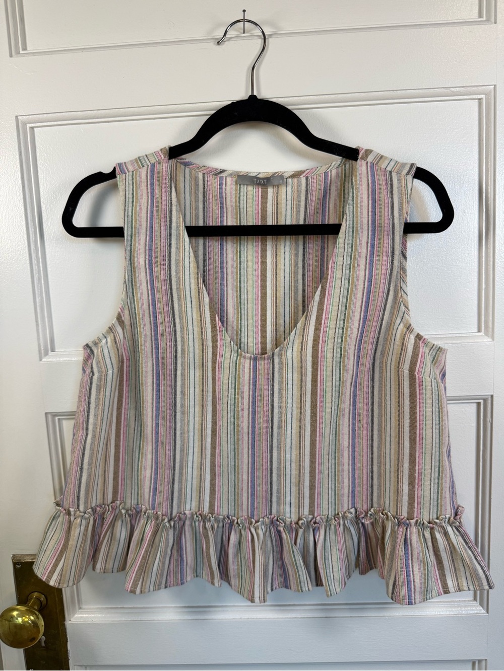 Tart Linen Blend Striped Multi-Colored Sleeveless Tank with Ruffle
